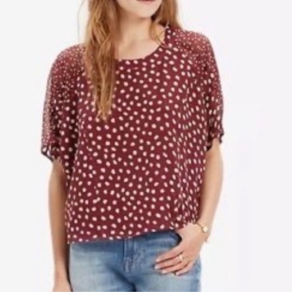 Madewell Tops - MADEWELL‎ Silk Prose Top in Paintbrush Dot Maroon White Short Sleeve Medium.